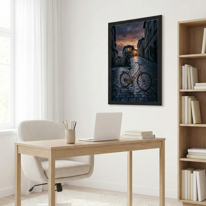 Toile noire encadrée en bois noir pour le salon, la chambre à coucher, le bureau ou le vestibule - décoration murale décorative avec rue pavée