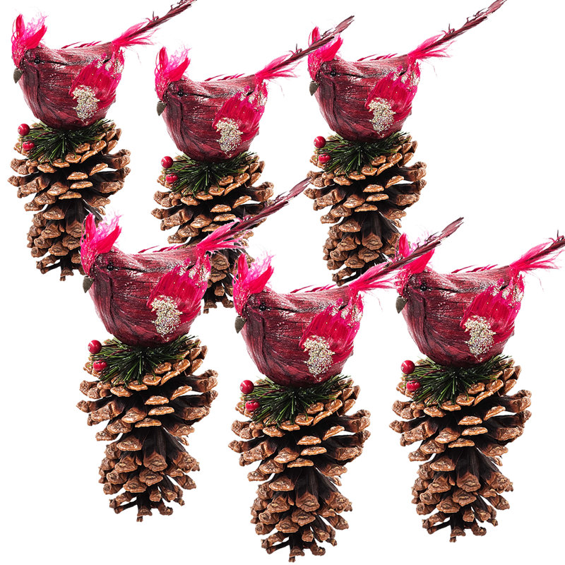 Keerthan Cardinal on Pinecone Set of 6 5" x 3.5" x 6.5" Red/Brown