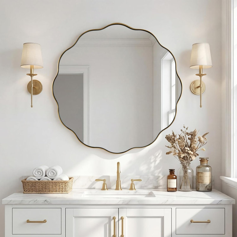 Contemporary Round Wavy Mirror Circle Bathroom Vanity Mirror | Stainless Steel Frame, Brushed Gold, 36" x 36"