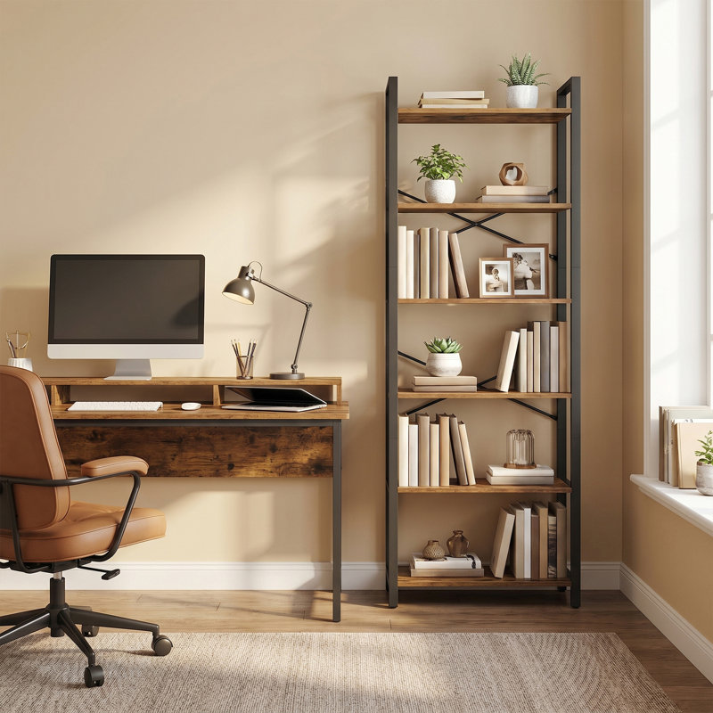 Beufort 186cm H x 66cm W Etagere Bookcase, Rustic Brown/Black