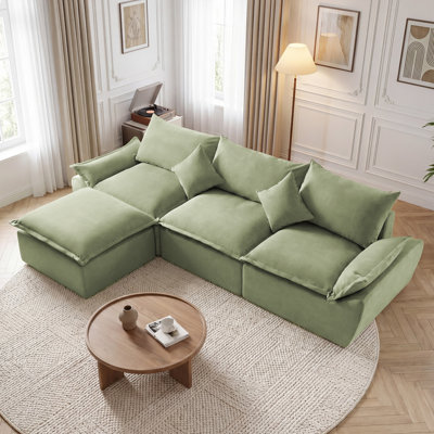 Canapé modulaire en forme de L de 108 po pour canapé de style désossé en forme de L pour le salon, canapé 3 places surdimensionné avec siège profond et repose-pieds mobile, canapé en faux suède vert avec 2 coussins décoratifs, sans assemblage