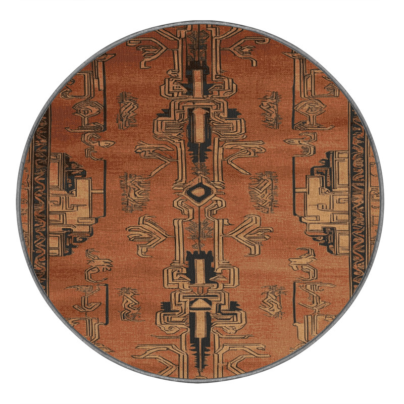 Machine Washable Art Deco Brown Area Rug, Round 7'