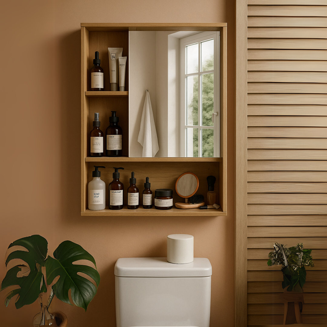 Wooden Bathroom Wall Storage Cabinet Organiser With Mirror