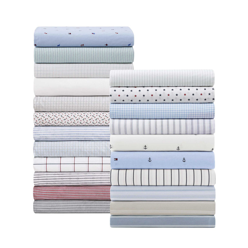 Tommy Hilfiger Printed Percale Cotton Sheet Set, Full Sheet Set with 2 Pillowcases, Joshua Tree Stripe Blue