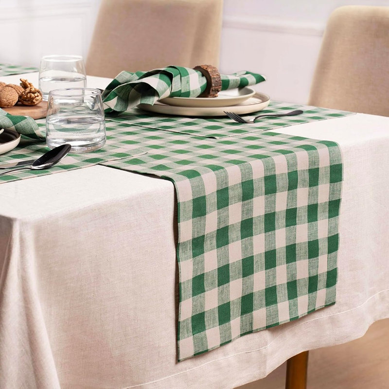 Chemin de table en lin - vert / naturel - à carreaux Buffalo, 100% lin pur, chemin de table court pour commode et table basse, printemps, décor de la Saint-Patrick et de Pâques