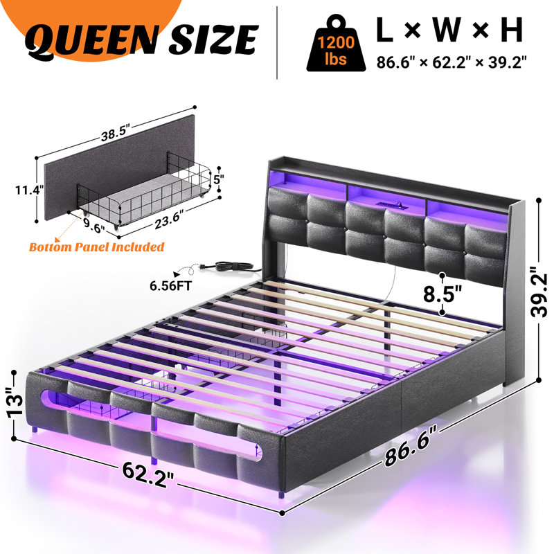 Black Queen Upholstered Bed Frame with LED Lighted Storage Headboard and Drawers