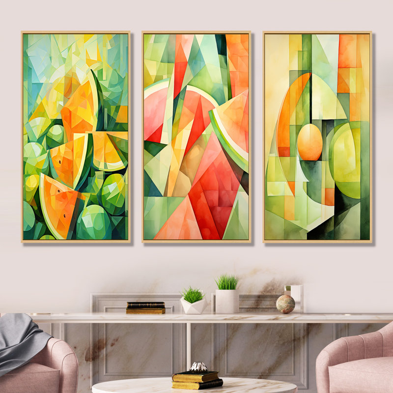 Motif de pastèque vert et jaune I - Melon, ensemble de 3 toiles, Cadre flottant brun, H 32 po x l 48 po