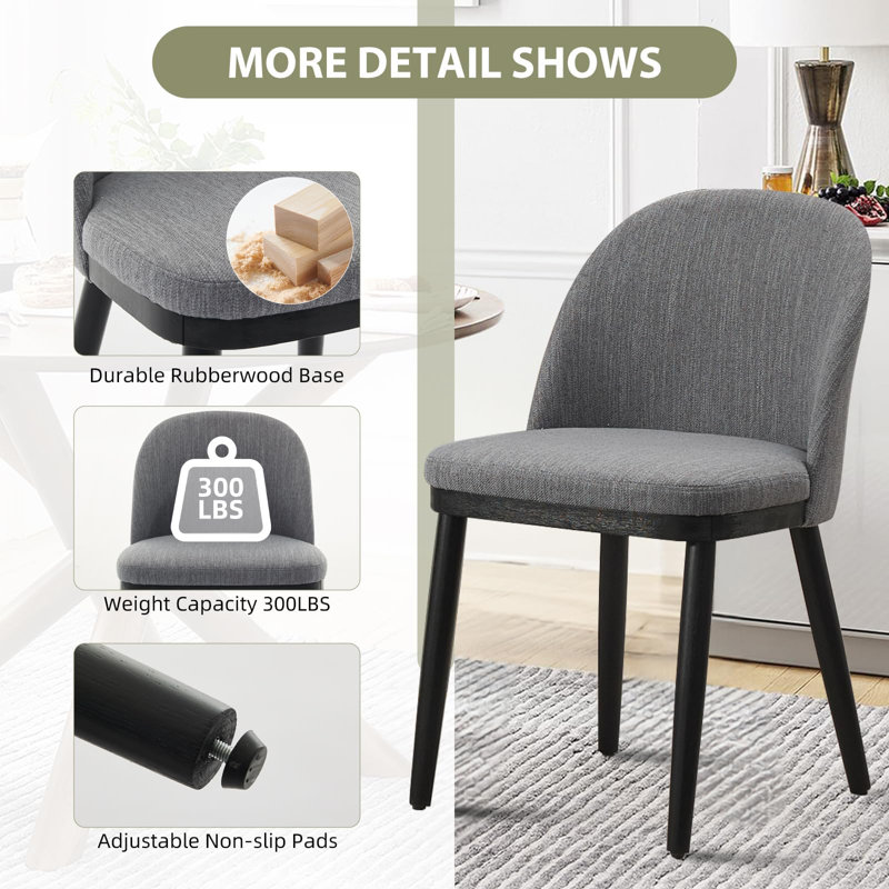 Set of 2 Modern Fabric Upholstered Dining Chairs, Curved Back Kitchen Side Chairs with Wood Legs, Grey