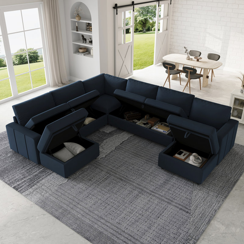 Canapé d'angle modulaire en L avec deux repose-pieds, Velours bleu