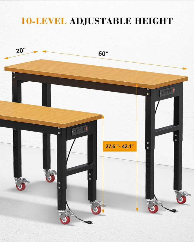 Établi robuste 60 po, capacité de travail de 2 200 lb, table de travail à hauteur réglable avec prises de courant