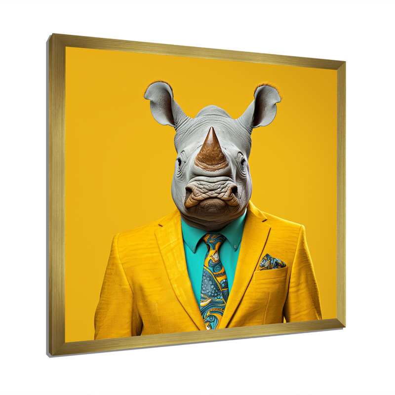 Art mural en forme de rhinocéros, Cadre doré simple, H 36 po x l 36 po x P 1,5 po