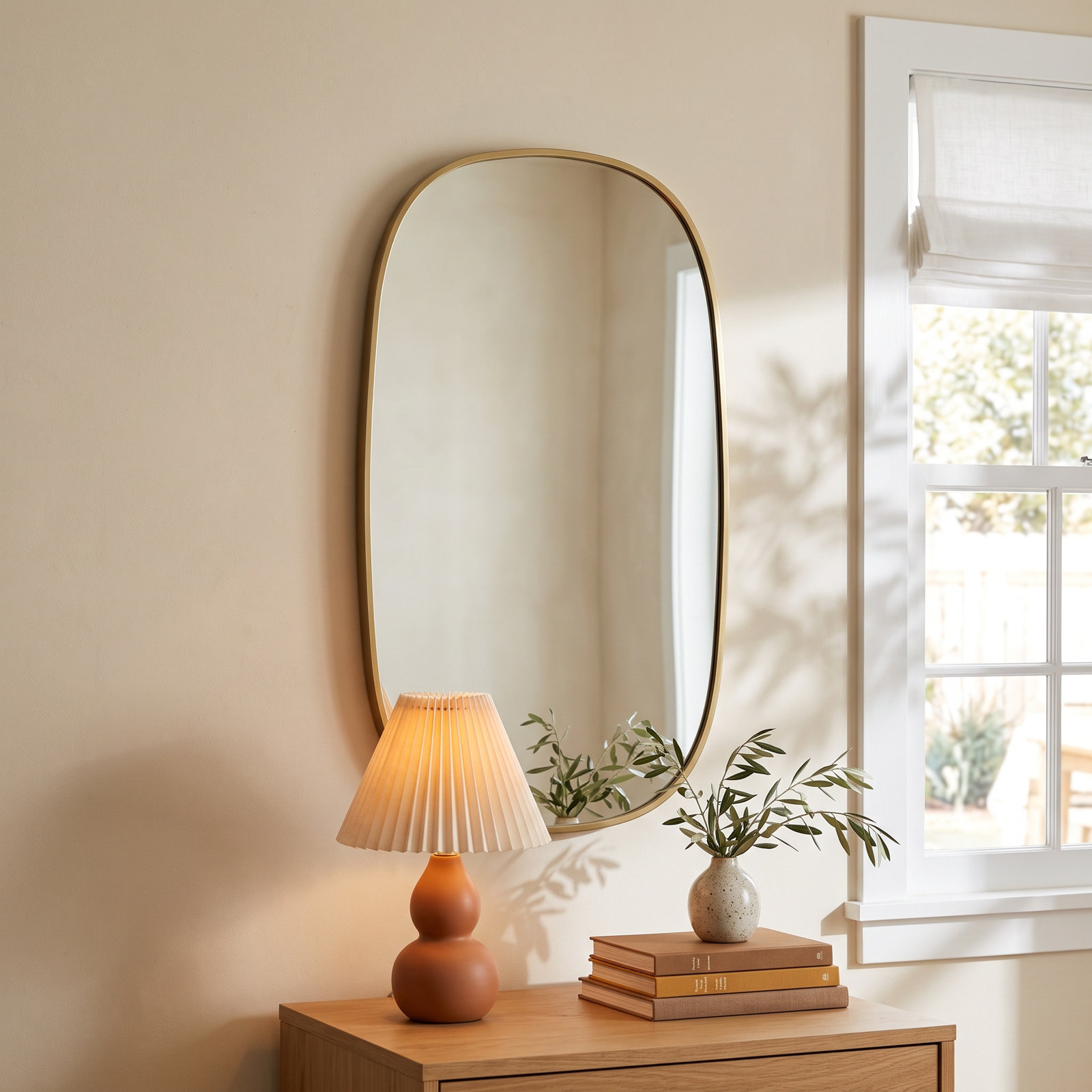 Sabine Metal Curved Oval Wall Mirror, 36" x 20", Brass