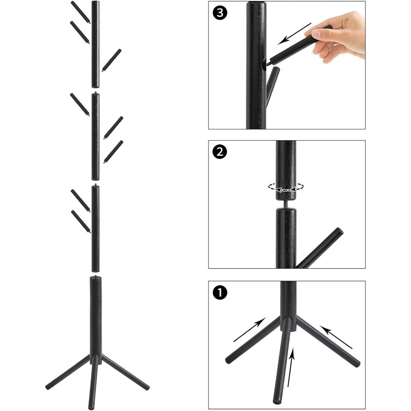 Wooden Adjustable Hall Tree Coat Racks with 8 Hooks, Black