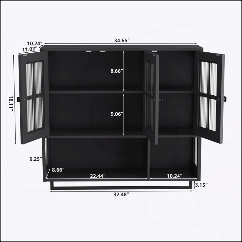 Armoire murale 3 portes en bois avec rangement ouvert et caché, porte en verre, barre à serviettes, noir, Noir