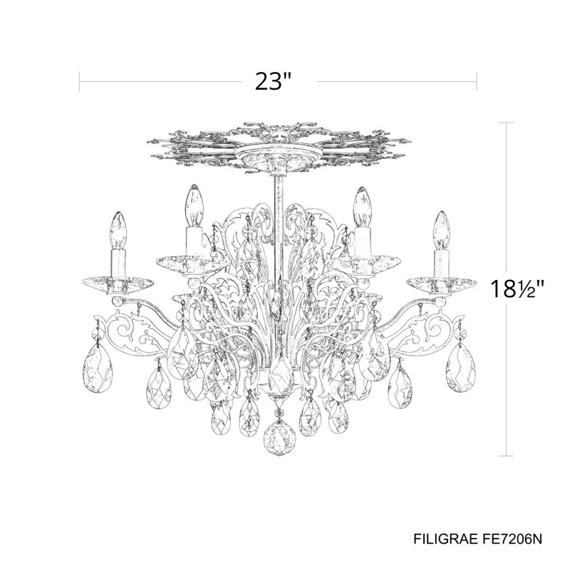 Filigrae 6 Light 23in x 18.5in Semi-Flush Mount in Antique Silver with Clear Heritage Handcut Crystals, Antique Silver