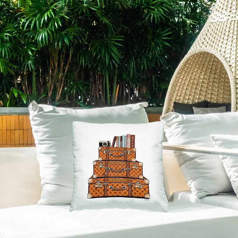 Trendy Stacked Luggages Outdoor Printed Pillow design by Amanda Greenwood, Brown Luggages