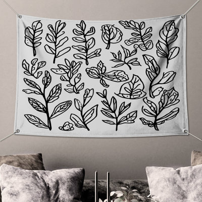 Black White Botanical Leaves Wall Tapestry - Botanical Wall Decor