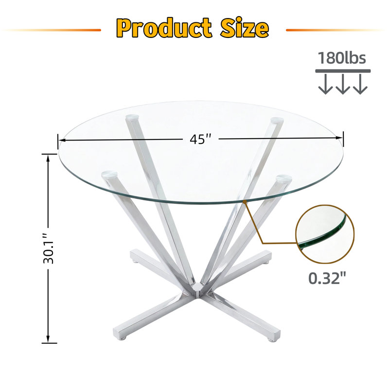 45.3" Round Tempered Glass Dining Table with Radial Metal Base, Silver, Silver