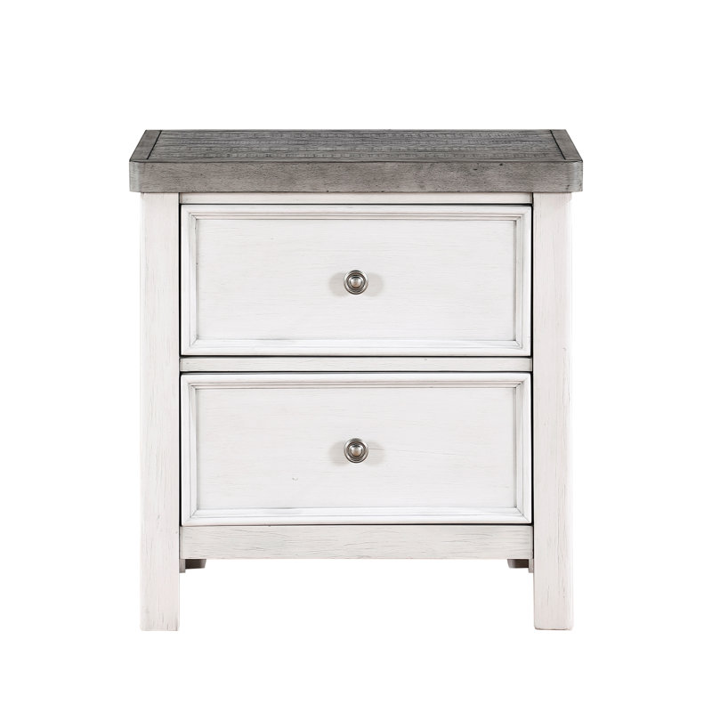 Table de chevet pour chambre à coucher de forme classique - 2 tiroirs, blanc antique et gris, substance en bois, conception et composition des glissières à roulement, lisse