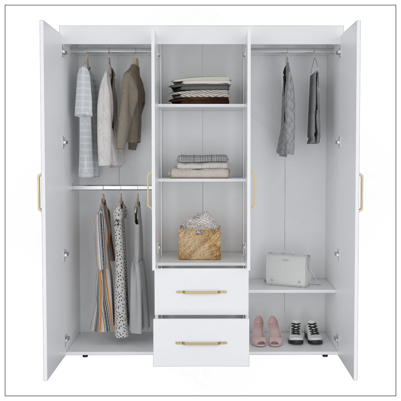 Armoire Bariloche, rangement multi-sections avec tringles de suspension, tablettes et 2 tiroirs, Blanc