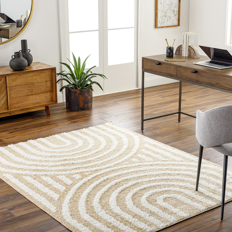 Tapis beige à poils longs Bartletto, Rectangle 5 pi 3 po x 6 pi 12 po, Blanc / moutarde
