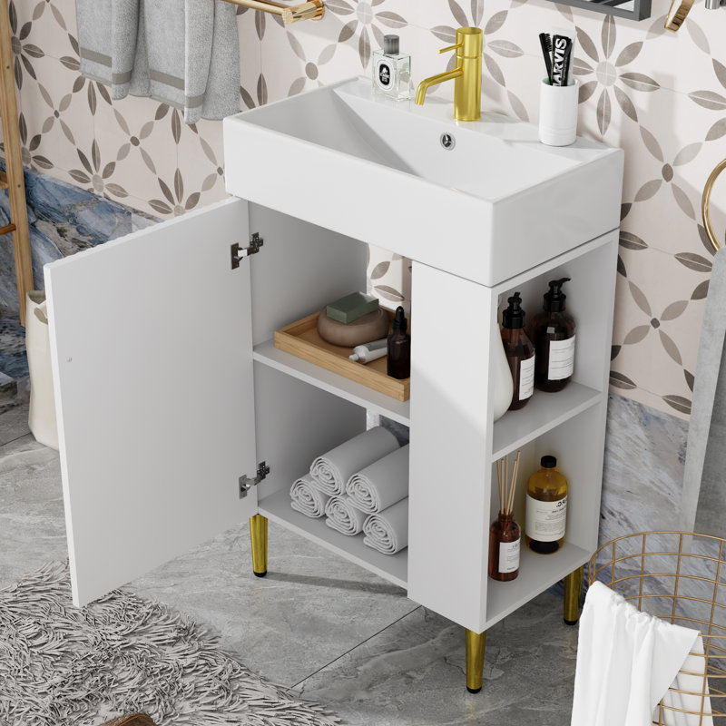 21.6" Single Bathroom Vanity Set With Ceramic Top, White, Gold