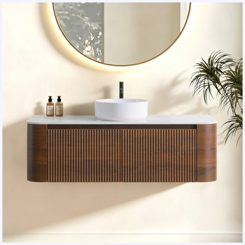 Ensemble de meuble-lavabo mural 48 po en noyer avec lavabo, ensemble de meuble-lavabo mural en noyer blanc, pré-assemblé, pour salle de bain 48 po