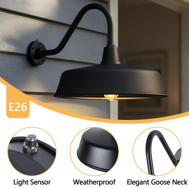 Bechard Black Finish Dusk To Dawn Outdoor Wall Barn Light, 20" H x 24" W x 24" D, 1 Light