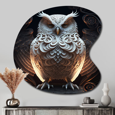 Luminous White Owl I - Animals Owl Drop Shape Assymterical Metal Wall Art