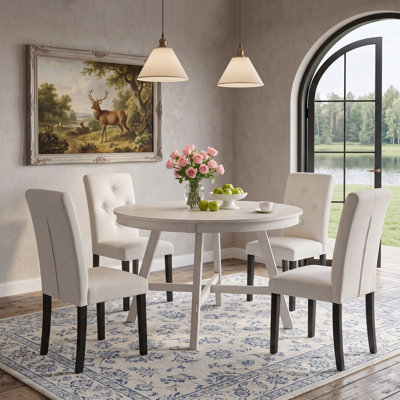 Ensemble de table de salle à manger 5 pièces pour 4 personnes, table de cuisine en bois d'hévéa massif avec 4 chaises rembourrées en lin capitonnées, mobilier de salle à manger moderne en bois pour petits espaces, beige