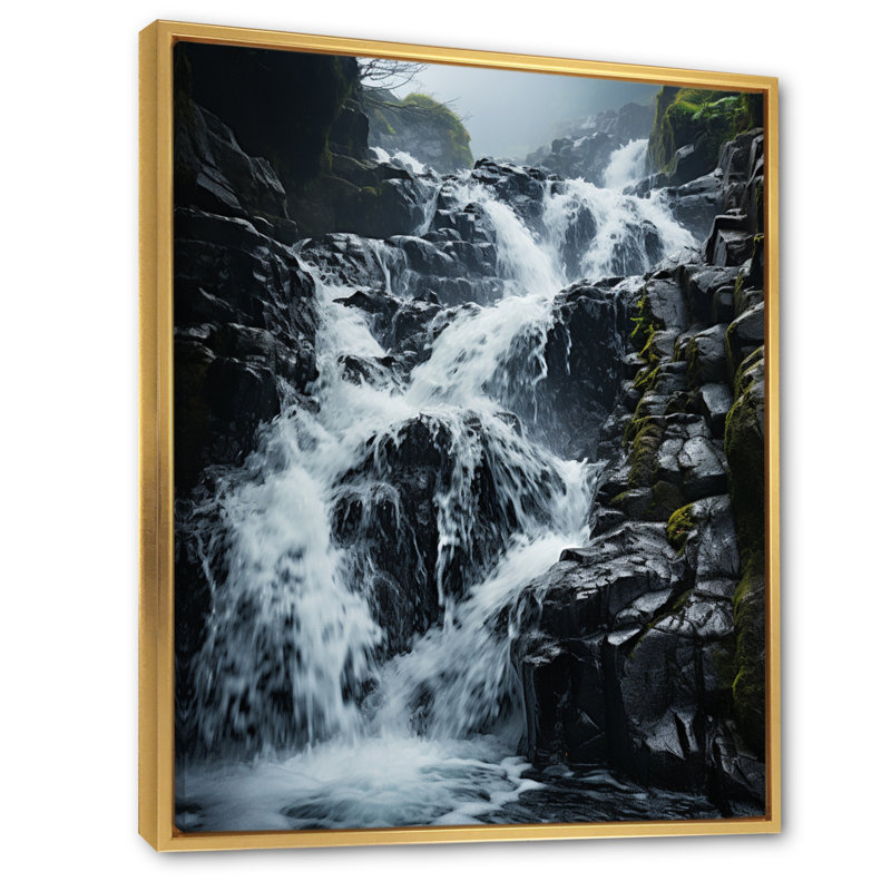Chute d'eau dynamique sur toile, H 20 po x l 12 po x P 1 po, Cadre flottant doré