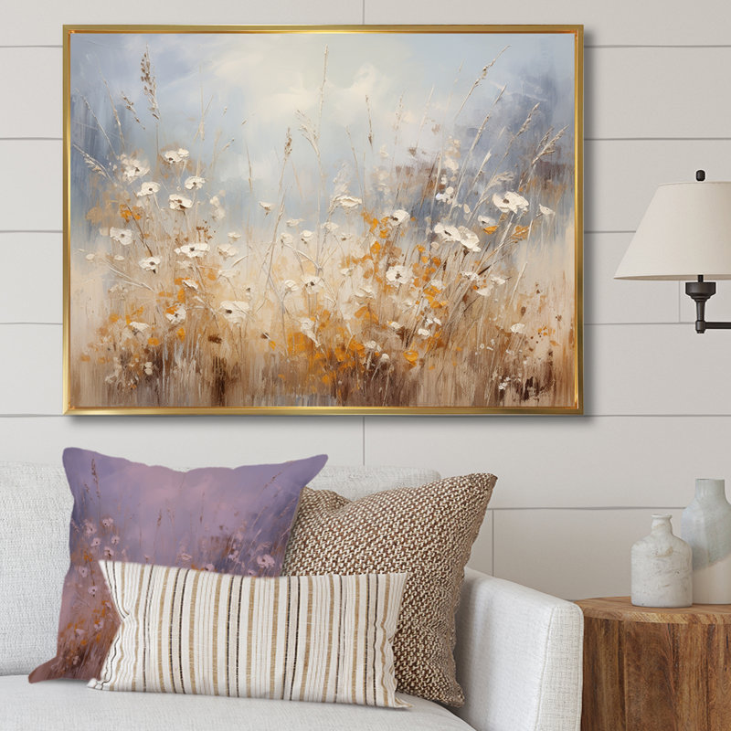 Beige et gris Meadows brise - art mural grand prairie, Cadre flottant doré, H 44 po x l 34 po x P 1,5 po