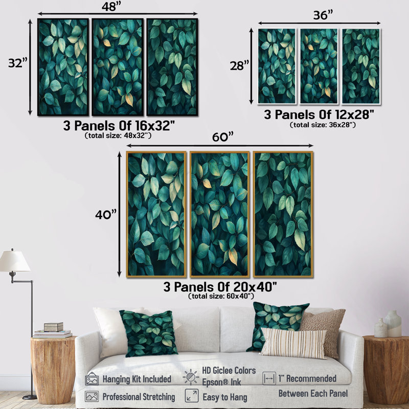 Emerald Green Leaves Lush Layers I - Collection d'impressions sur toile traditionnelles jaunes, 28" H x 36" W, Black