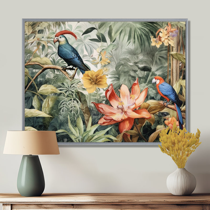 Perroquet au paradis II - Art encadré, H 30 po x l 40 po x P 1,5 po, Encadrement argenté