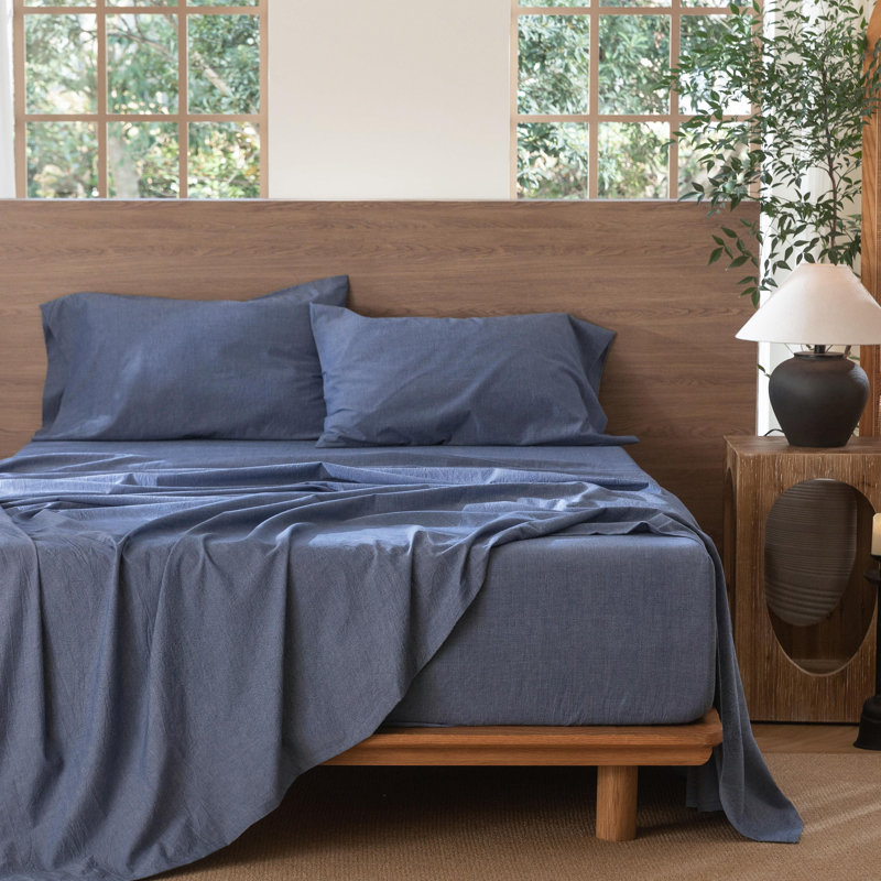 Ensemble de draps MooMee, Ensemble de draps pour très grand lit avec 2 taie, Bleu denim