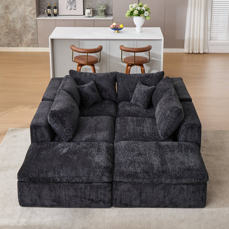 Canapé modulaire rembourré et désossé 6 pièces 6 pièces, Chenille noir, H 25,6 po x l 145 po x P 70,9 po
