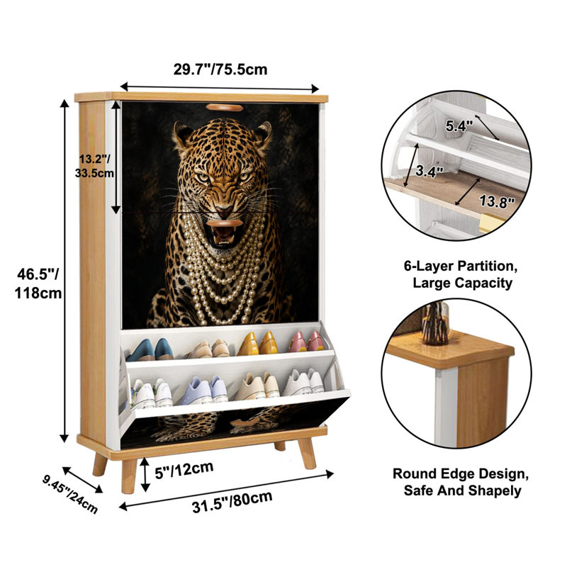 Meuble à chaussures à 3 tiroirs rabattables, motif léopard majestueux et perles, luxueux portrait animalier, étagère à chaussures sur pied mince et élégante, placard en bois étroit et dissimulé pour entrée, couloir, hall d'entrée, dressing, appartement, petit espace