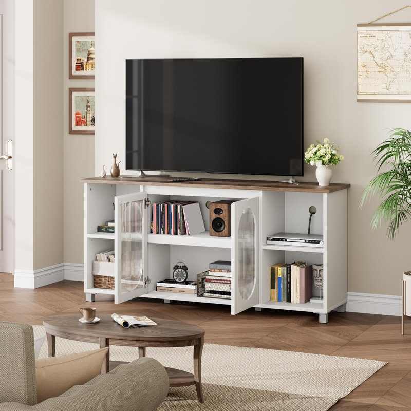 Meuble télé pour téléviseur de 63 po, meuble télé avec tablette réglable, console de télévision en rotin avec 2 armoires