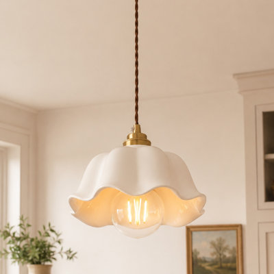 Cream White Ceramic Flower Pendant Light, Floral Hanging Ceiling Light with Brass Finish, Adjustable Cord, Farmhouse Cottage Boho Lighting