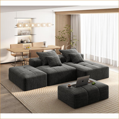 Canapé modulaire moderne surdimensionné avec repose-pieds Coussins, chenille scintillante, sans assemblage | Noir | Mousse et ressort