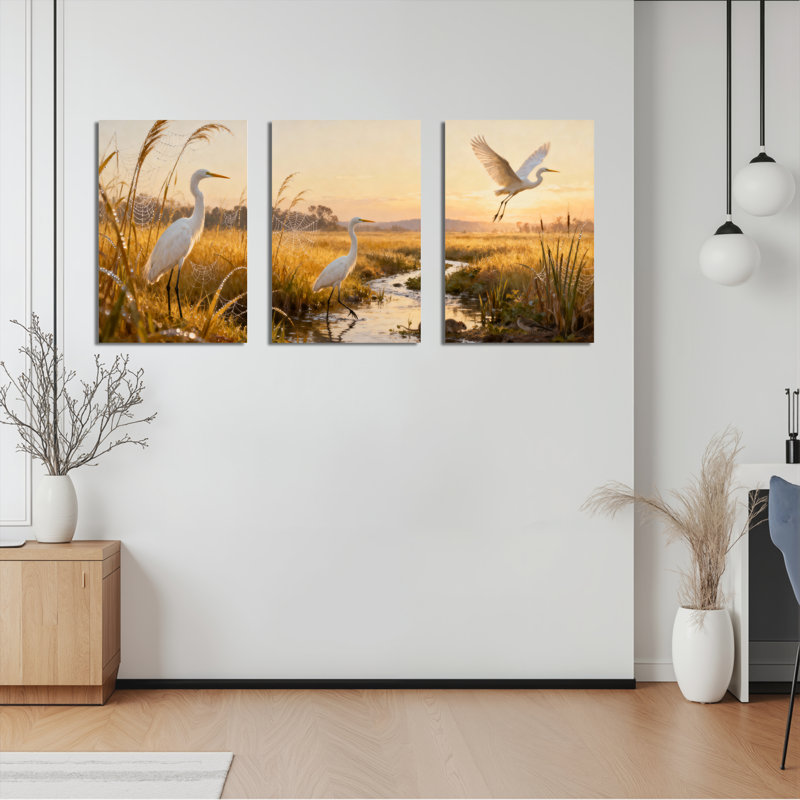 Ensemble de 3 tableaux sur toile tendue représentant un héron blanc dans un paysage de marais doré, 36" H x 72" W