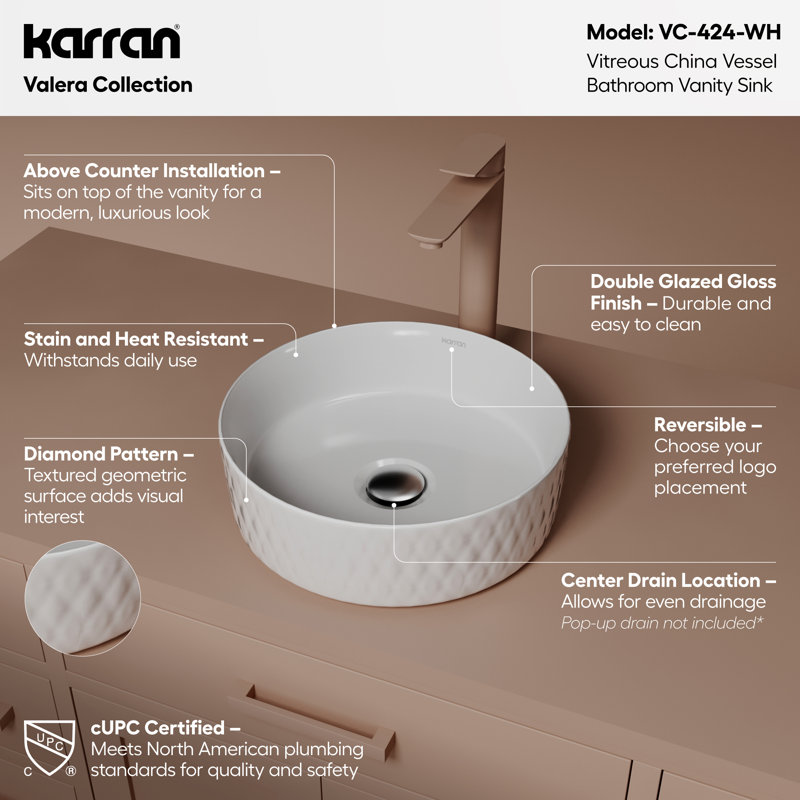 Karran Valera 14 In. Vitreous China Round Vessel Bathroom Sink