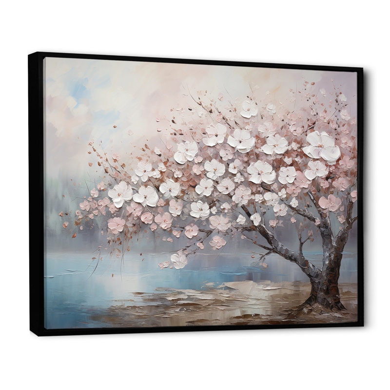 «Pink and Grey Cherry Blossom Charm I», art mural encadré de fleurs, H 12 po x l 20 po x P 1 po, Cadre flottant noir