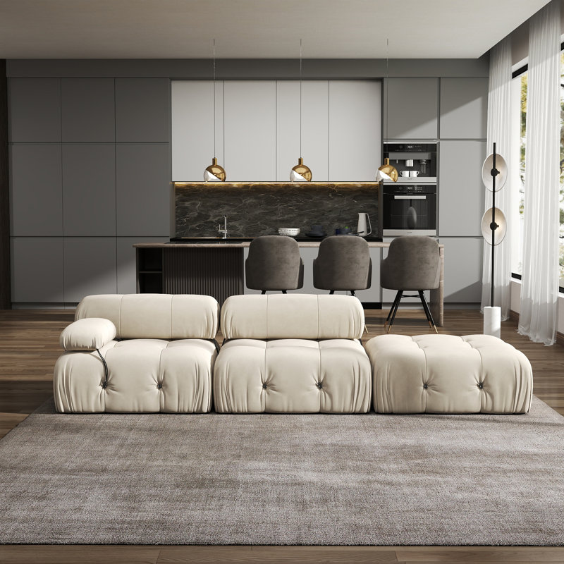 Canapé modulaire rembourré 3 pièces en velours avec repose-pieds Cylar, Beige