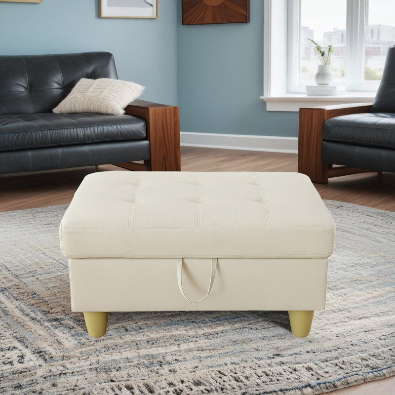 Repose-pieds avec rangement en faux cuir, Blanc cassé