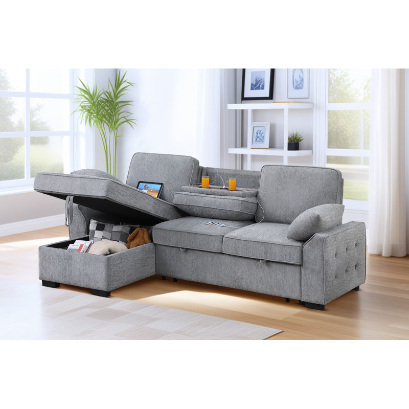 Ebern Designs 91inch Upholstered Pull Out Sleeper Sectional Sofa With Convertible Storage Chaise, Gray Polyester Blend