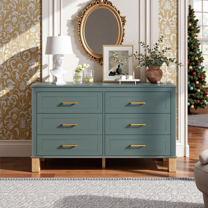 6-Drawer Double Dresser With Solid Wood Frame & Metal Handles, 47.24 L Storage Cabinet, Light Green