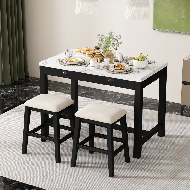 Modern Bar Dining Table Set With Storage Drawers And Padded Stools, Black