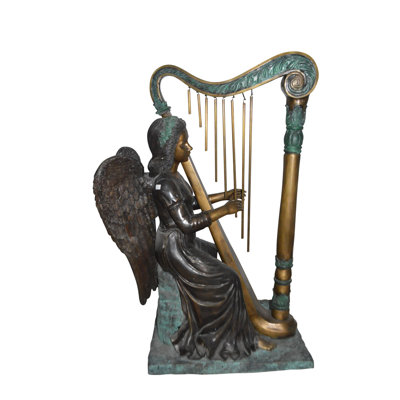Statue Wallasey ange jouant de la harpe en bronze - Taille: L 30 po x l 15 po x H 44 po.