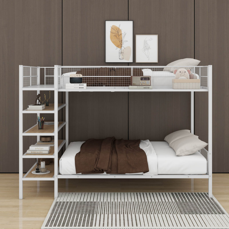Lit superposé simple au-dessus d'un lit double en métal avec tablettes, Blanc
